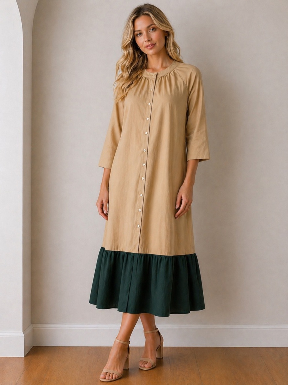 Society22 Beige & Green Colorblock Midi Dress – Size S